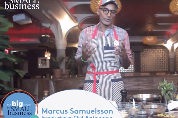 chef marcus samuelsson doing a virtual cooking demo