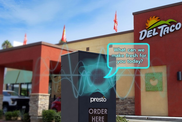 Image of Presto Voice system set up outside of a Del Taco location for use on its drive-thru line.