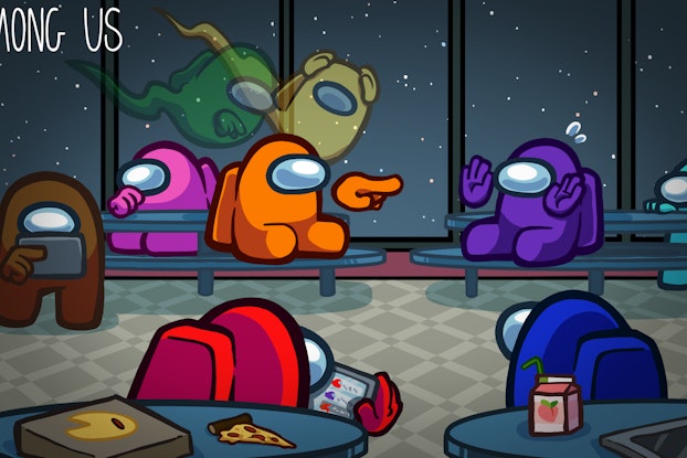 A photo showing player characters from the popular game Among us. The characters are multicolored blogs with visors where their faces should be. The orange character uses a disembodied hand to point in accuration at the purple character while red, teal, blue, pink, and brown characters look on. The ghosts of the yellow and green characters float above the group.