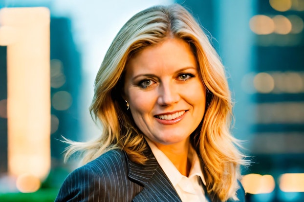 Inside is a white woman with wavy blonde hair and hazel eyes. She is smiling and wearing a white collared shirt and a black striped blazer. The buildings of the city can be seen, out of focus, in the background behind her.
