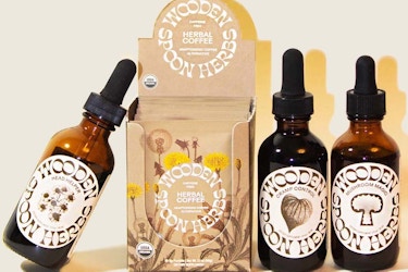  Product display of three tincture bottles and packets of herbal coffee from Bubble Goods. 