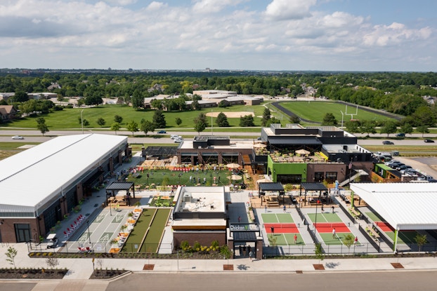  Aerial view of the Overland Park location of Chicken N Pickle.