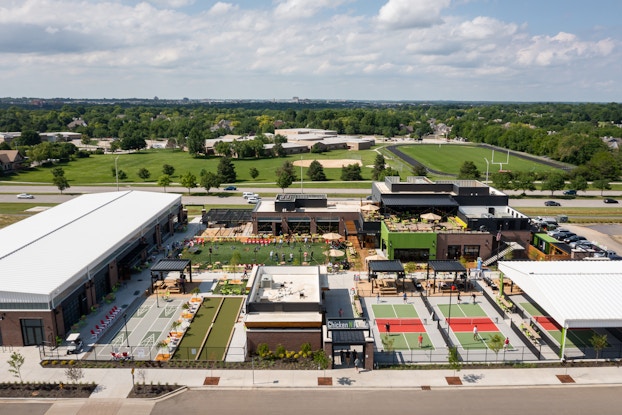Aerial view of the Overland Park location of Chicken N Pickle.