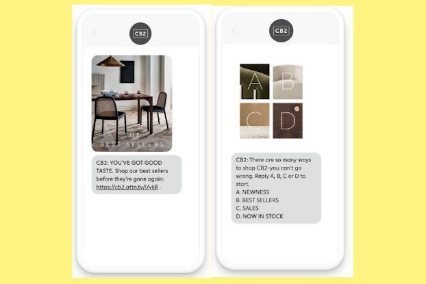 Two phone screens showing text-based marketing messages for CB2.
