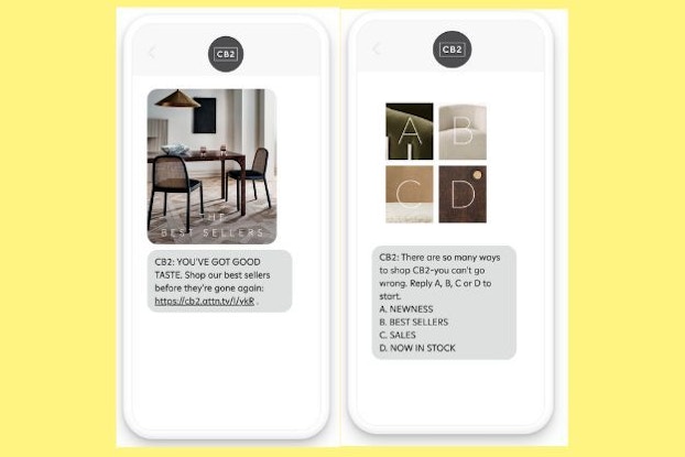  Two phone screens showing text-based marketing messages for CB2.