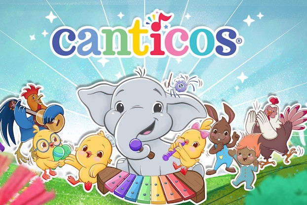 Illustration of "Canticos," an animated series of Nickelodeon. The image features various animals, including a rooster, baby chicks, a baby elephant, with a xylophone musical instrument.