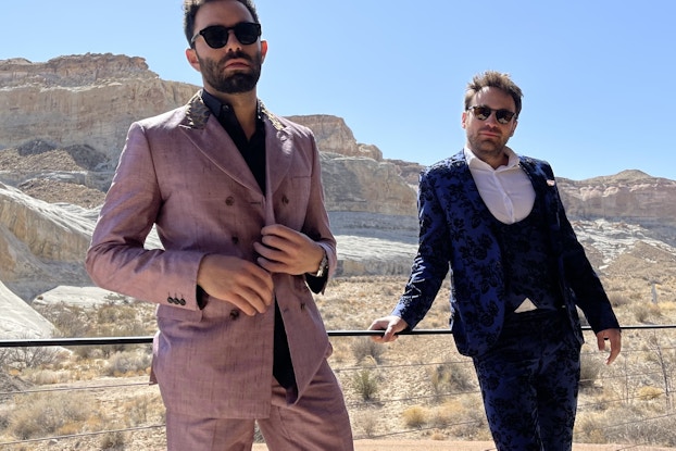  David Dinetz (left) and Dylan Trussel, co-founders of Culprit Underwear, posing in suits.
