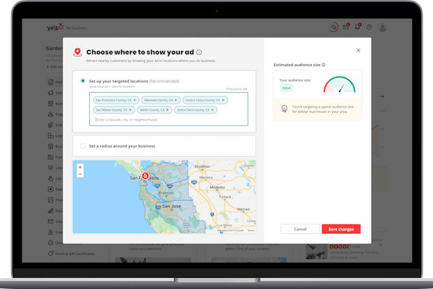 Screenshot of Yelp's custom location targeting.