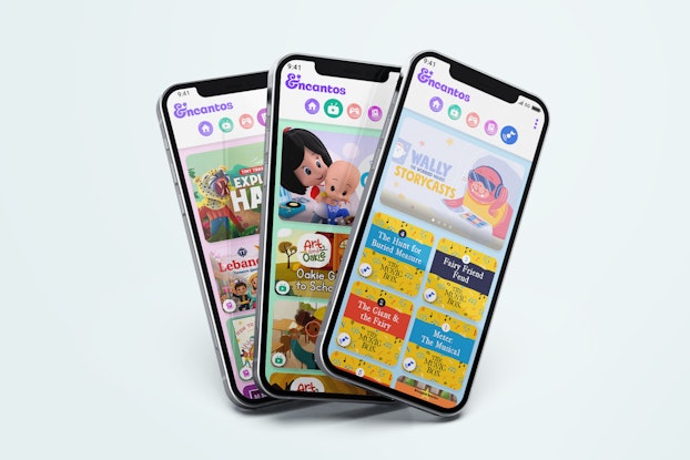  Three phone screens showing the Encantos app.