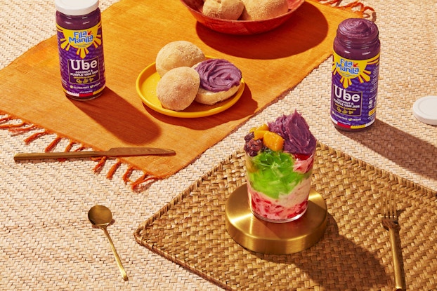 Picnic display of jars of ube purple yam jam by Fila Manila.