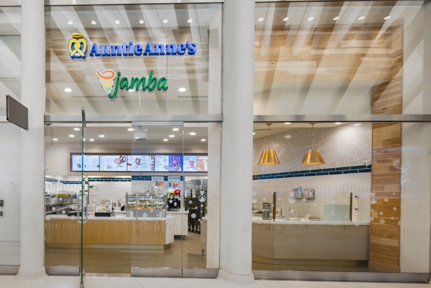 Exterior of a dual-brand location by Focus Brands, displaying Auntie Anne's and Jamba.