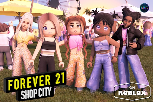  Virtual characters wearing Forever 21 clothing items in the Roblox virtual world.