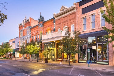  Storefronts in downtown Provo, Utah, at dusk. 