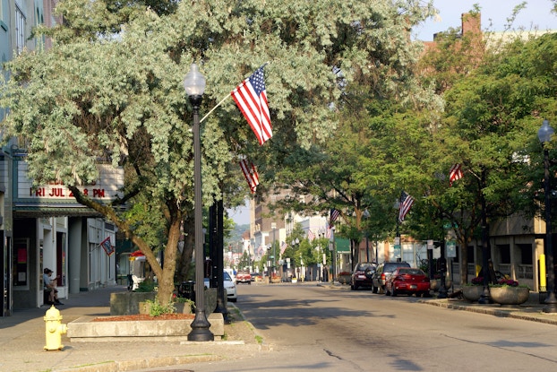 Small town Main Street with storefronts, trees, and American flags.