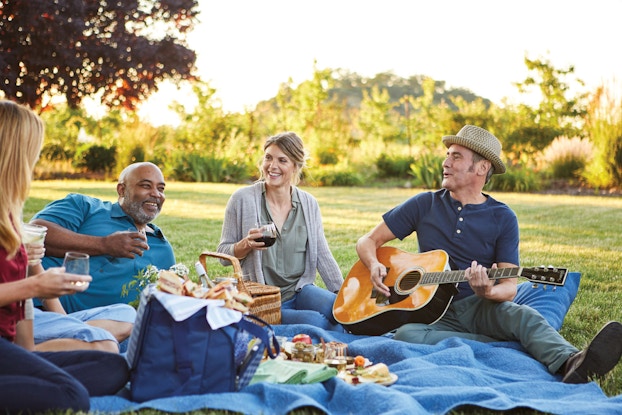  group of people having a picnic with harry & david products