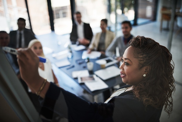  High angle shot of a businesswoman explaining a concept during a presentation to work colleagues in a boardroom.