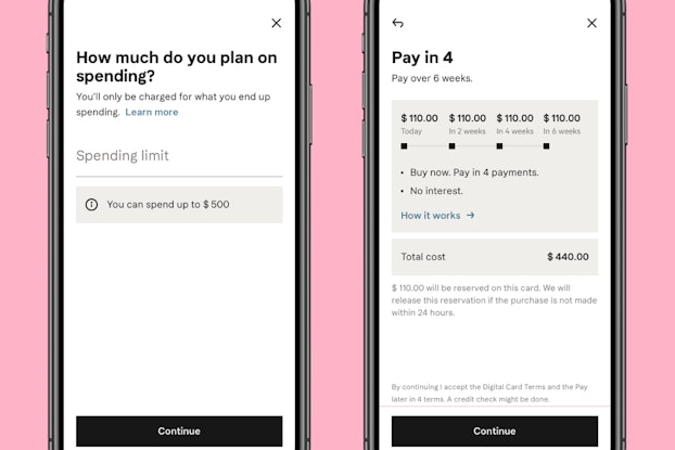  two phone screens showing klarna's payment options