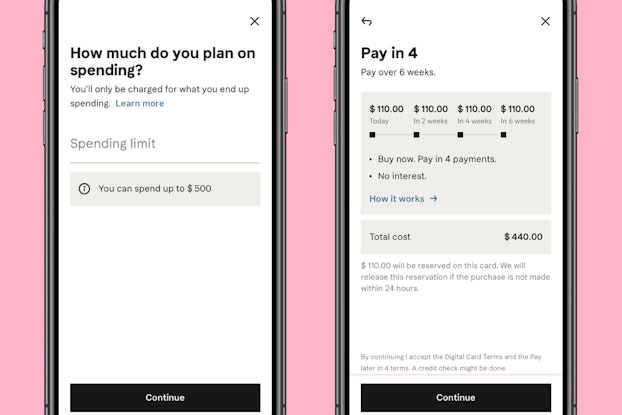 two phone screens showing klarna's payment options