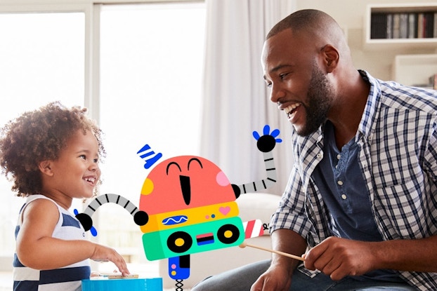 Father playing with colorful kids' toys with his child.