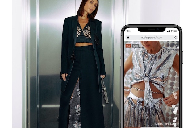  woman modeling fashions next to a smartphone depicting the moda operandi shopping app