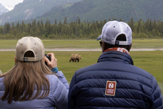  Back view of two tourists observing and taking pictures of a bear in an Alaska Bear Camp tour offered by Natural Habitat Adventures.