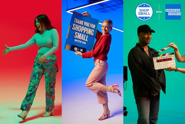 Ad showing three people holding ads for American Express's Shop Small map and tools.