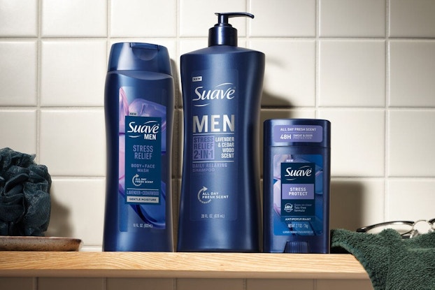 Suave's Stress product line geared for men, including bottles of its body wash, lotion, and deodorant.