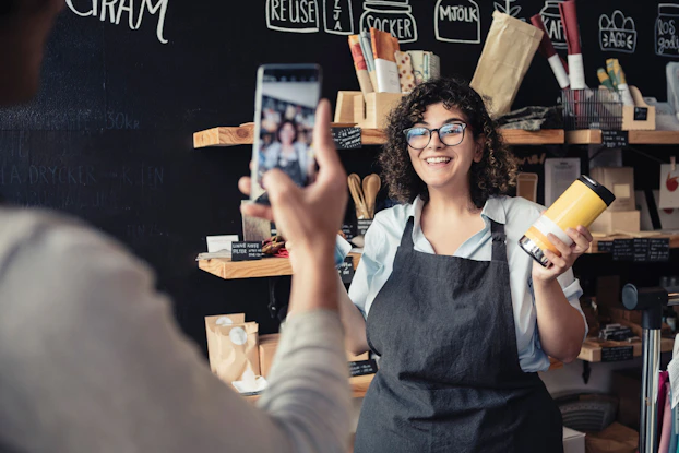 A young woman stands in her shop. A work colleagues is recording her on a smartphone while the woman delivers a short video presentation about her store and products.