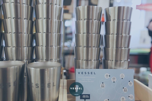 Reusable cups by Vessel stacked up.