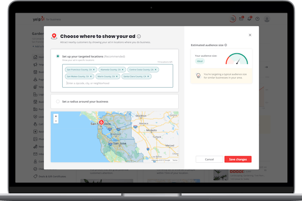 Laptop open to a screen showing Yelp's custom location targeting feature.