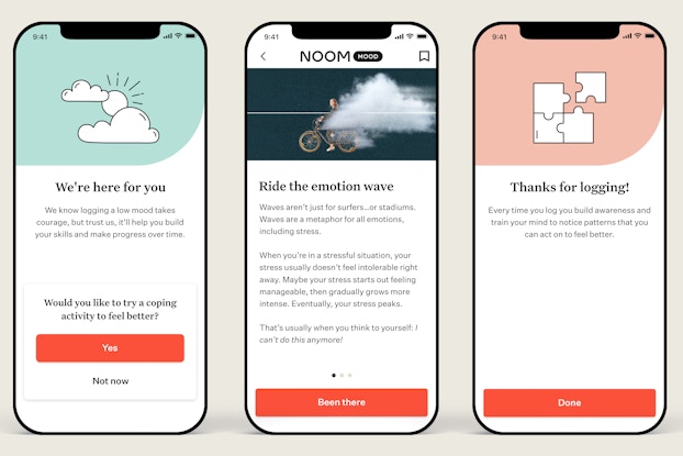 Three separate phone screens displaying Noom Mood features.