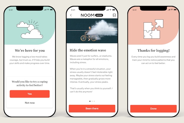  Three separate phone screens displaying Noom Mood features.