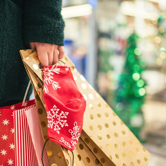 Person holding gift bags while holiday shopping.