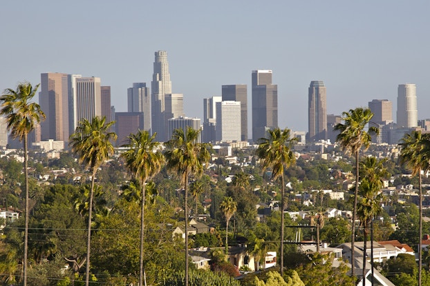  View of downtown Los Angeles from Silver Lake, Los Angeles, California.
