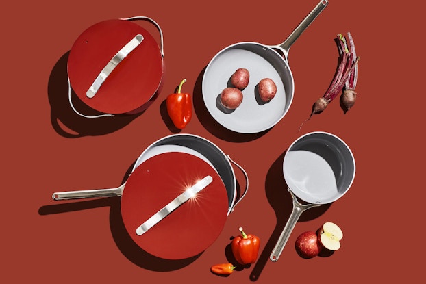 Holiday cookware by Caraway, in a signature brick red.