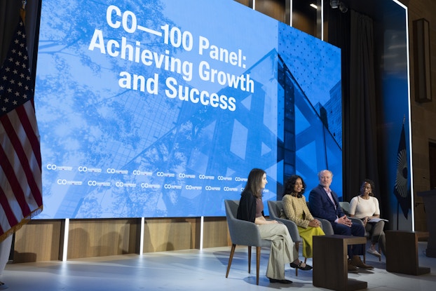 A panel of small business owners is interviewed on stage at the U.S. Chamber of Commerce for Small Business Day.