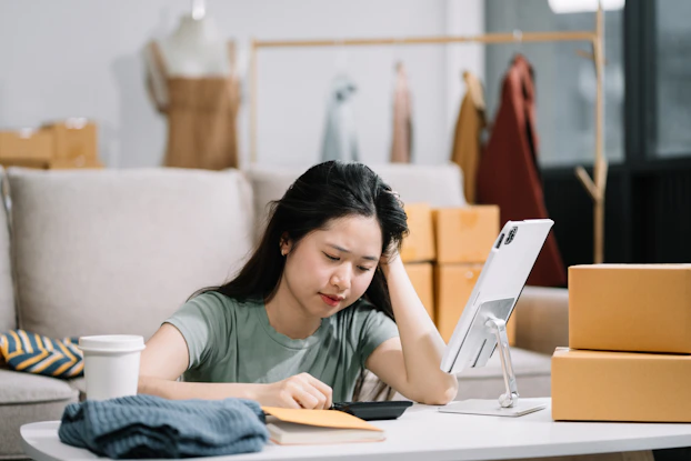 A young woman with long hair sits on the floor at a white coffee table, leaning her head on one hand and looking down at a calculator with a worried look. On the table next to the calculator are a couple of small cardboard boxes, a folded seater, a notebook, and an electronic tablet on a small tripod. In the background are a cream-colored sofa, a rack holding a few pieces of clothing, and a headless mannequin wearing a brown dress.