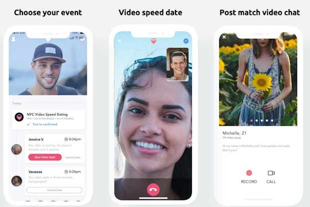 Three screenshots showing Filteroff's virtual speed-dating platform.