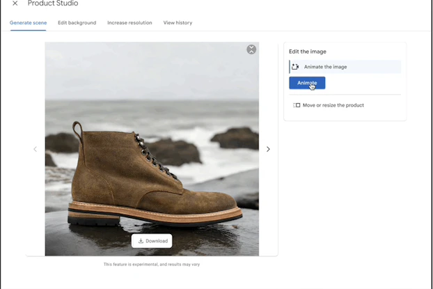 Screenshot of Google's product studio animating an image of a boot.