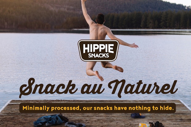 advertisement for hippie snacks of man jumping in a lake au naturel