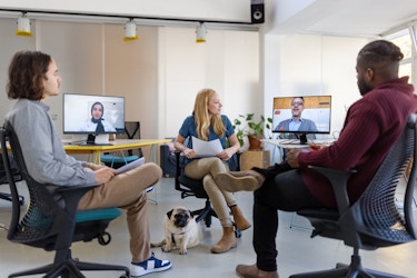  Three people sit in wheeled office chairs facing each other. The middle chair holds a woman who is holding a piece of paper and has a pug dog sitting at her feet. On either side of the woman is a desk holding a computer monitor; the monitors show the faces of two more people participating in the meeting from different locations. 