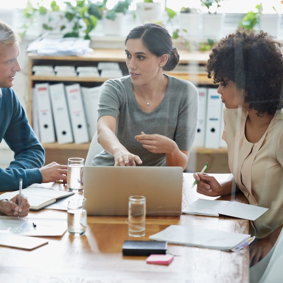 Four people sit around a small conference table in an office. The woman sitting at the head of the table is speaking and gesturing to an open laptop. The other three people around the table, two men and a woman, are watching her with pens in their hands. In the background are shelves filled with thick binders.