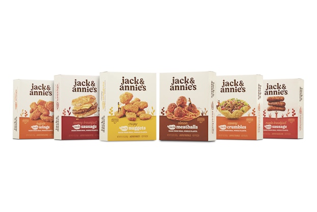 Product display of boxes of frozen vegan and vegetarian meals by jack & annie's.