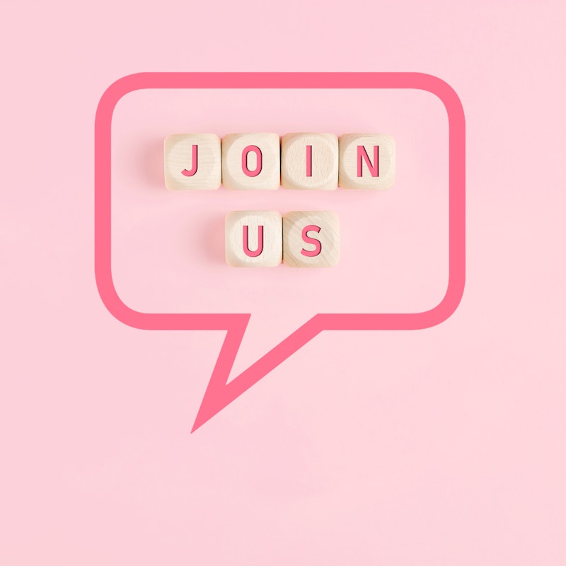  The words "join us" on wood squares inside a speech bubble with a pink background. 