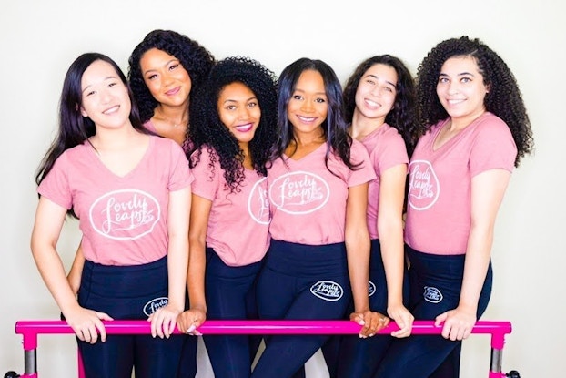  The dance instructors of California-based Lovely Leaps standing with a barre.