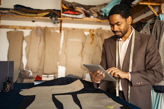 A man in a brown suit stands in a tailor's workroom, using a digital tablet. The man has a measuring tape draped around his neck, and the table in front of him is covered with a large piece of dark brown fabric. Clothing templates are placed on top of the fabric, to be used as guidance when cutting the cloth. More templates in various long shapes are hanging from the wall behind the man.