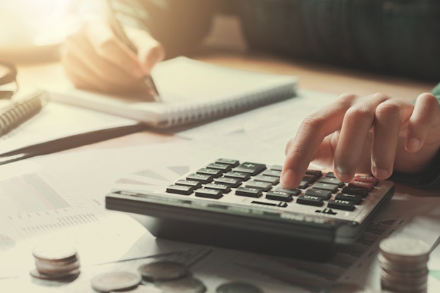 calculator, pad, pen, math