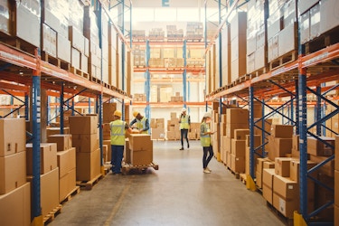  Interior of a warehouse with high ceilings, tall shelves filled with boxes and employees wearing safety vests. 