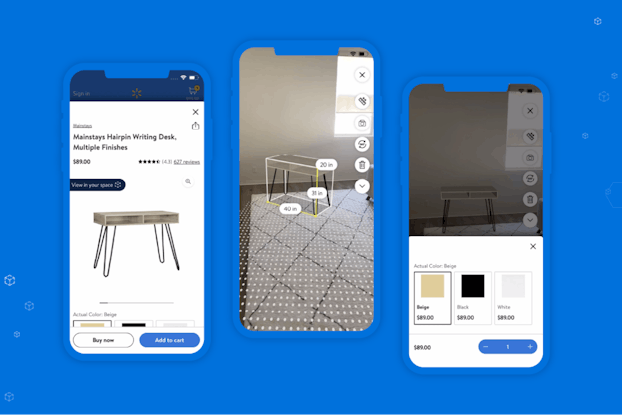 Three phone screens showing Walmart's new augmented reality feature on its app.
