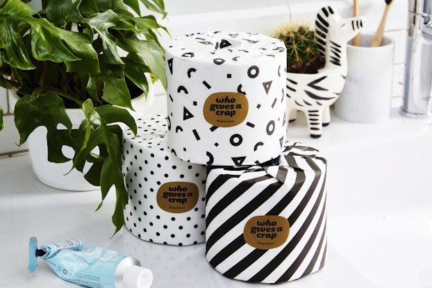 three rolls of Who Gives a Crap toilet paper on a bathroom counter next to a plant